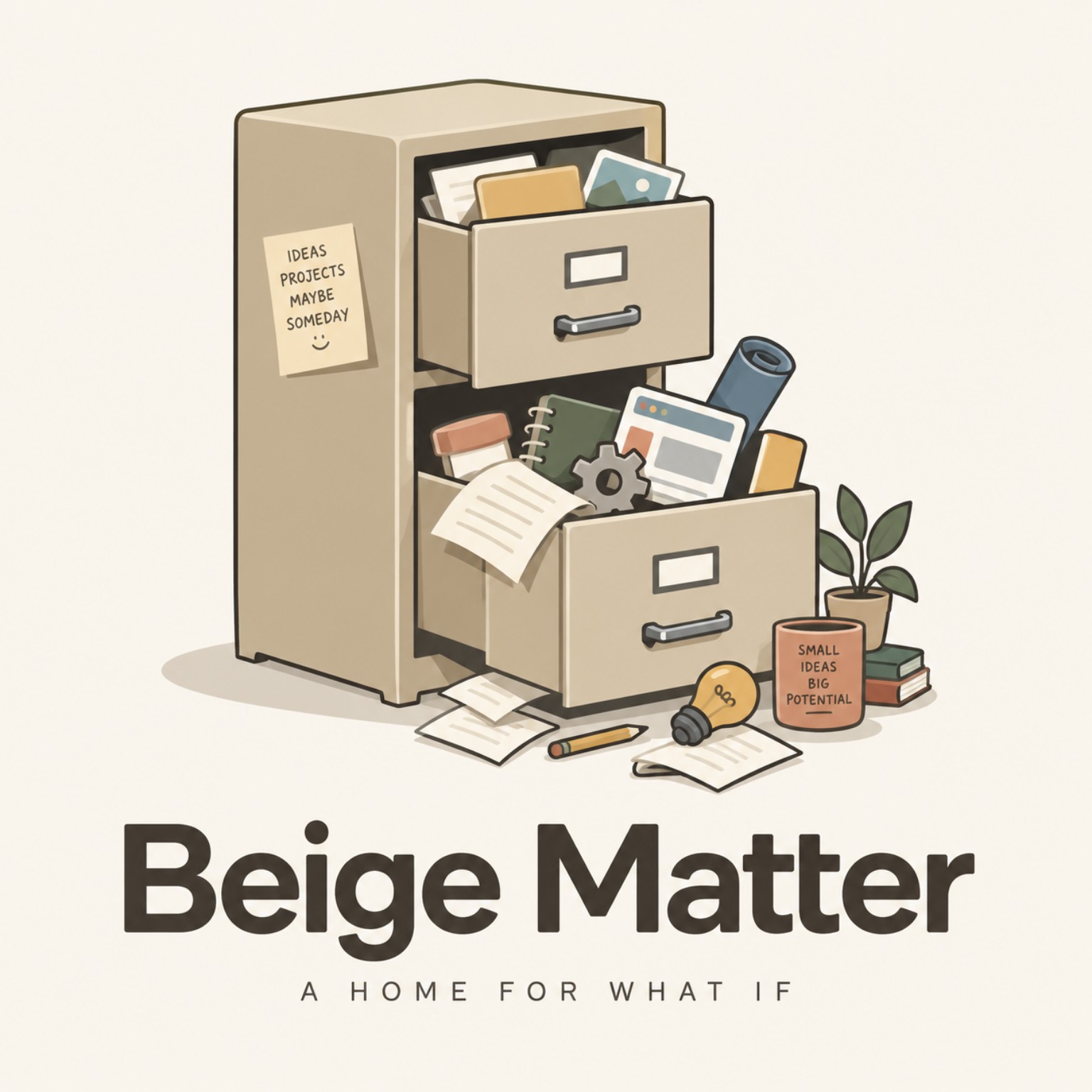 Beige Matter: an overflowing beige filing cabinet filled with notebooks, papers, tools, and ideas, alongside a plant and a mug reading ‘Small ideas, big potential.’ The illustration includes the name Beige Matter and the tagline ‘A home for what if.’